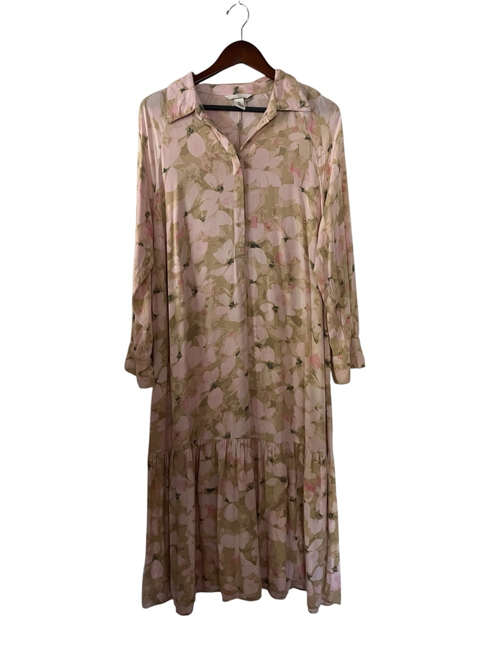 H&M Sz L Light Pink Floral Long Sleeve Tiered Midi Dress